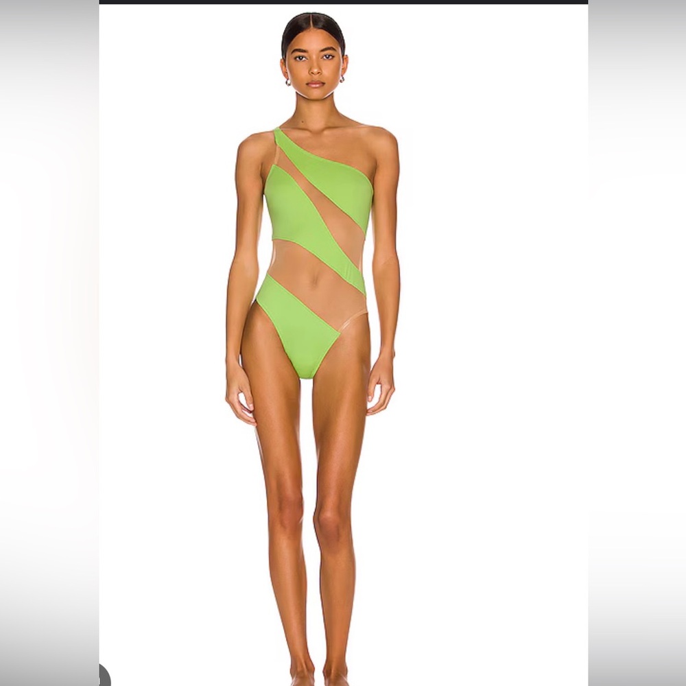 Norma Kamali One-Shoulder snake mesh Mio Green Cutout One-Piece Swimsuit
